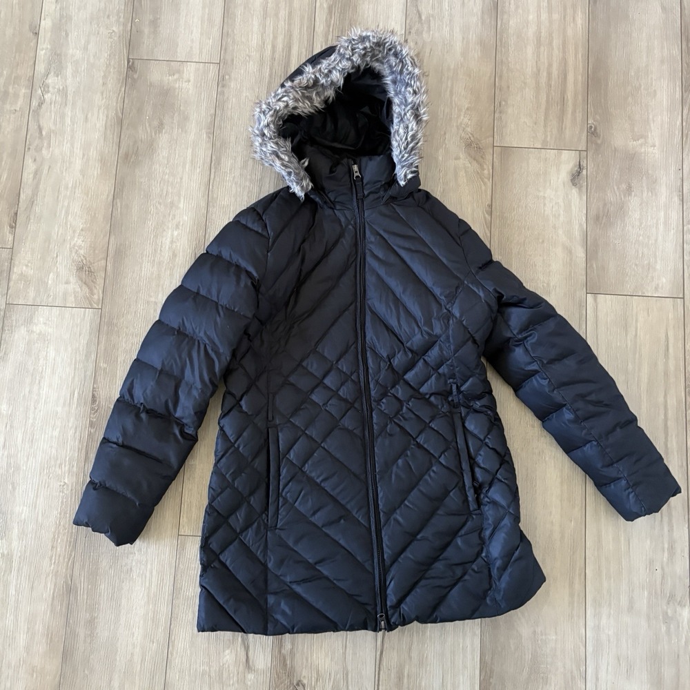 Eddie Bauer Black Quilted Faux Fur Hooded Goose Down Parka Coat Women's Large L‎